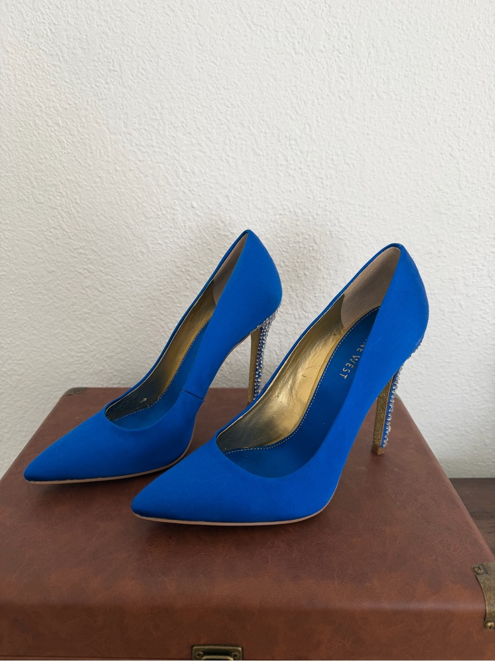 Nine West Cobalt Blue Pointed Toe Pumps with Crystal-Embellished Stilettos